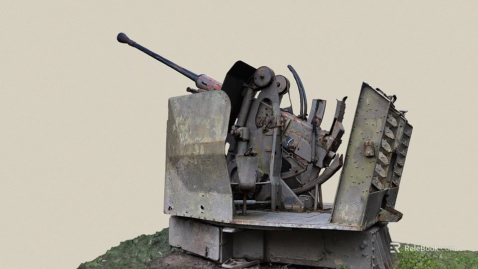Old Rusted Anti Aircraft Gun On Grass With Worn Structure And Long Barrel 3d model 