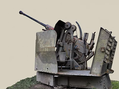Old Rusted Anti Aircraft Gun On Grass With Worn Structure And Long Barrel 3d model
