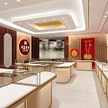 Elegant Beijing Caibai Jewelry Store Interior With Glass Display Counters Gold Jewelry And Red Backdrops