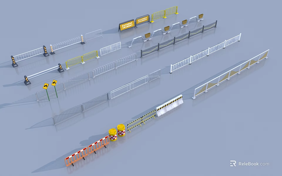 Different Construction Safety Barriers Featuring Yellow White Fences and Warning Strips 3d model 