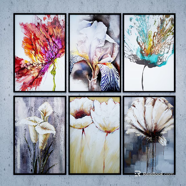 Botanical Paintings Set Of Six With Colorful Abstract Flower Artworks 3d model 