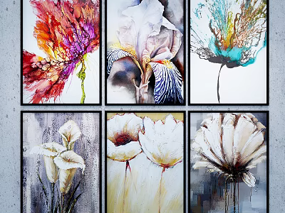 Botanical Paintings Set Of Six With Colorful Abstract Flower Artworks 3d model