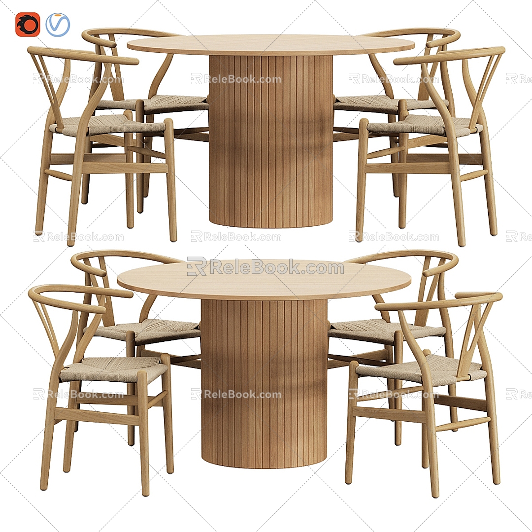 Nordic Solid Wood Round Dining Table and Chair 3d model