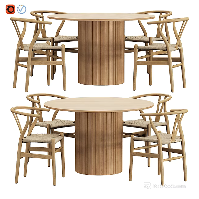 Minimalist Wooden Dining Table And Chairs Set With Round Top Cylindrical Legs And Curved Armrests 3d model 