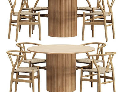 Nordic Solid Wood Round Dining Table and Chair 3d model