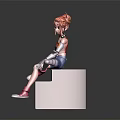 Game Movie Character With Orange Hair Red Shirt And Mechanical Arm Sitting On White Platform