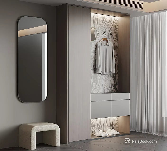 Modern Minimalist Shoe Cabinet Design With Mirror Hanger Shoes And Stool 3d model 