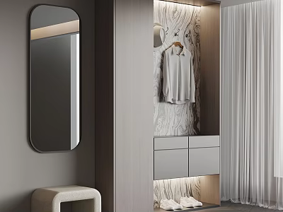 Modern Minimalist Shoe Cabinet Design With Mirror Hanger Shoes And Stool 3d model