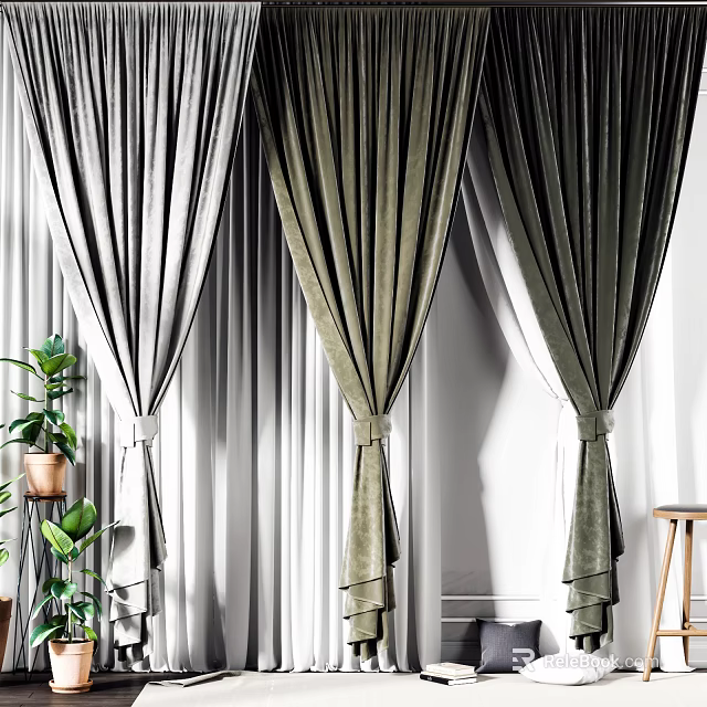 Gray and Dark Green Velvet Curtains with Tiebacks and Green Plants in Sunlight 3d model 