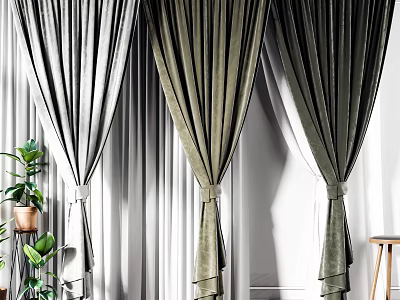 Gray and Dark Green Velvet Curtains with Tiebacks and Green Plants in Sunlight 3d model