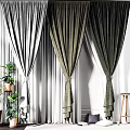 Gray and Dark Green Velvet Curtains with Tiebacks and Green Plants in Sunlight