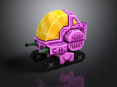 Purple Pixel Art Mechanical Character With Yellow Transparent Dome And Tracks 3d model