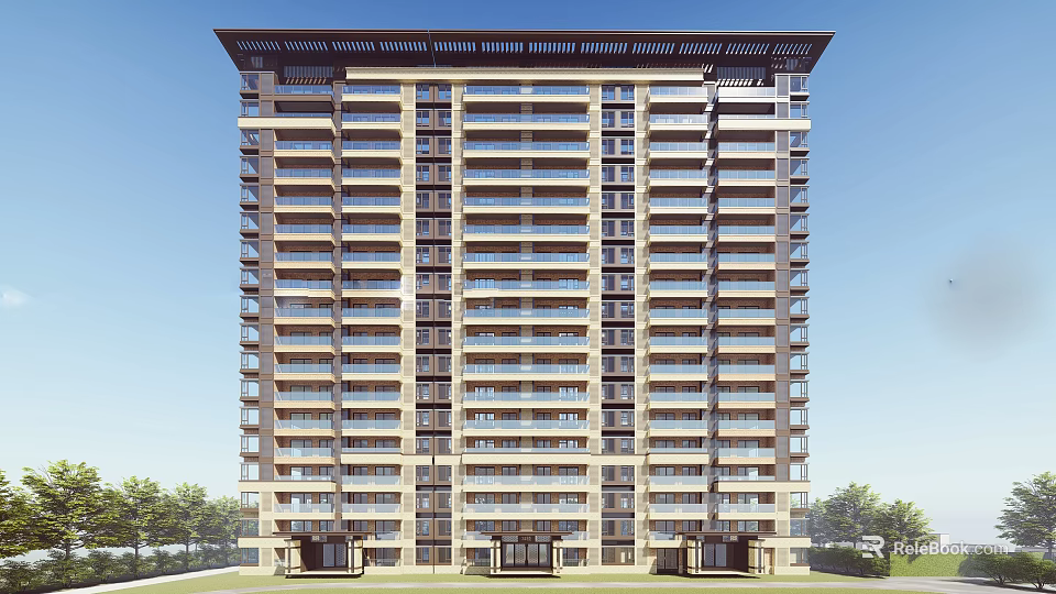 Modern High Rise Residential Building Exterior With Balconies Large Windows And Trees 3d model 