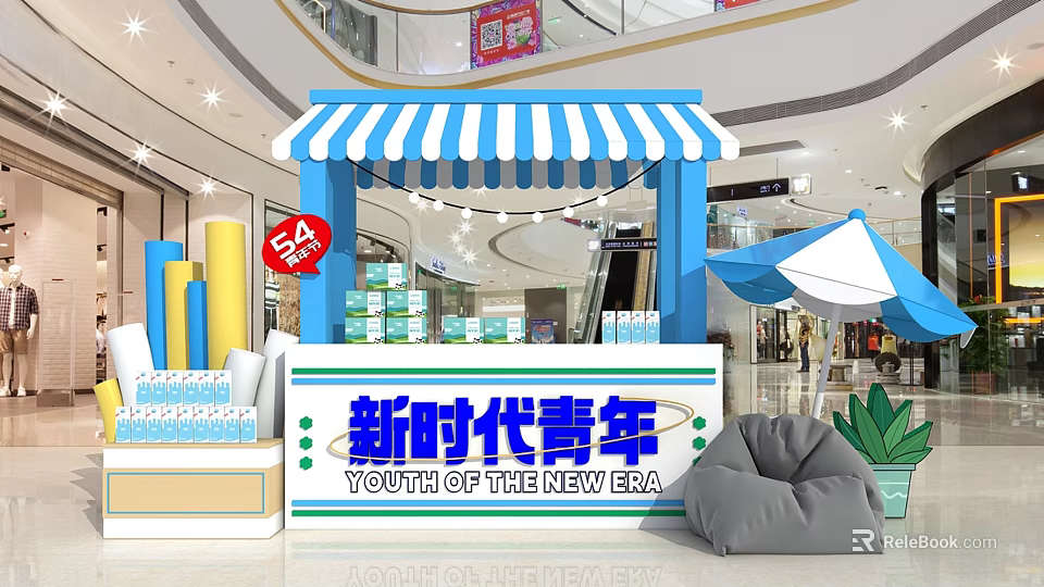 Youth Of The New Era Mall Booth With Blue White Striped Awning And 50% Off Promotion 3d model 
