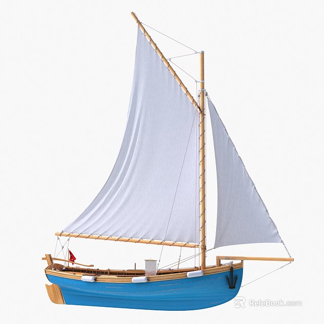Sailboat With Blue Hull White Sails Wooden Mast Red Flag And White Items On Deck 3d model 