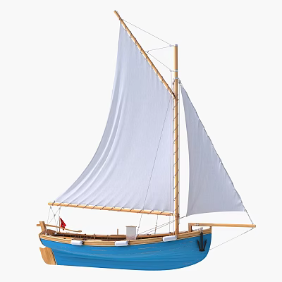 Sailboat With Blue Hull White Sails Wooden Mast Red Flag And White Items On Deck 3d model