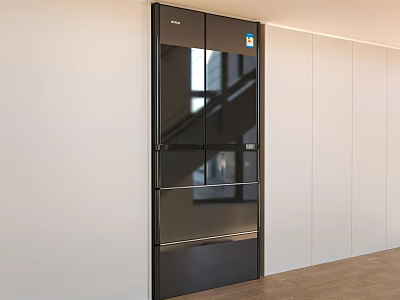 Modern Black Glass Door Refrigerator Freezer In Stylish Kitchen Interior Design 3d model
