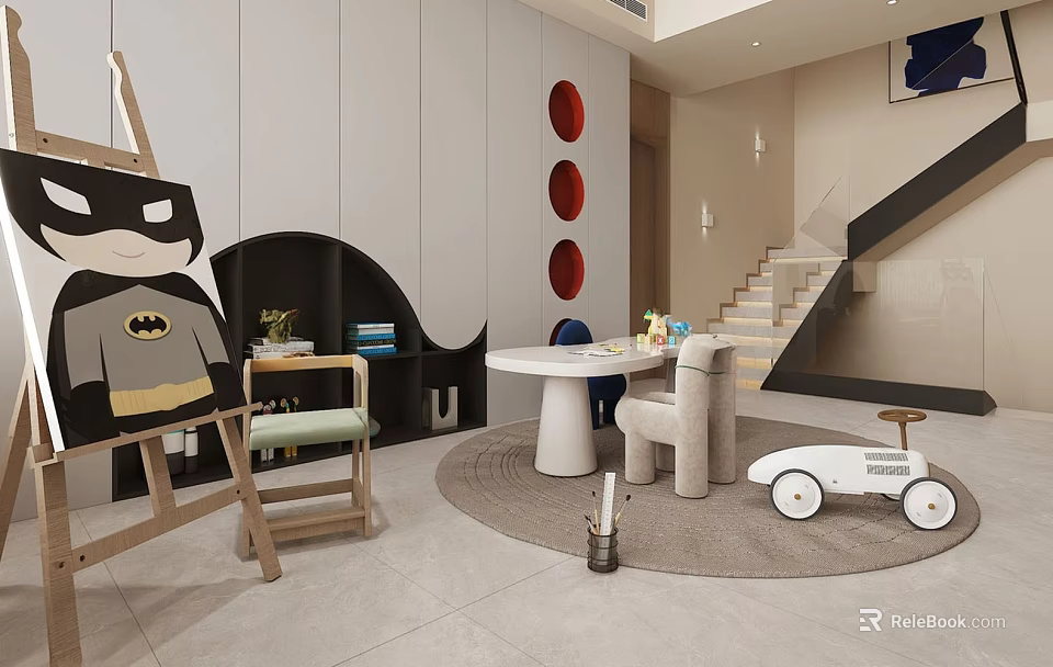Batman Themed Kids Playroom With Easel Small Table Chairs And Toy Car 3d model 