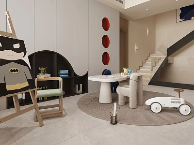 Batman Themed Kids Playroom With Easel Small Table Chairs And Toy Car 3d model
