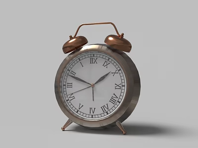 Vintage Alarm Clock With Copper Bells And Roman Numerals Silver Body And Stand Design 3d model