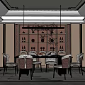 Luxurious Restaurant Interior Featuring Decorative Chandelier Wine Racks Dining Table Upholstered Chairs And Potted Plants
