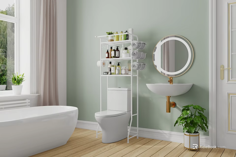 Modern Bathroom Shelf with Toiletries and Toilet Paper in Light Green Wall Decor 3d model 
