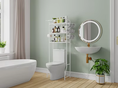 Modern Bathroom Shelf with Toiletries and Toilet Paper in Light Green Wall Decor 3d model