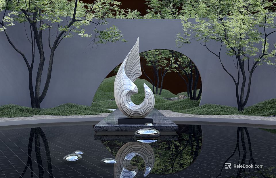 Spiral Shaped Landscape Sculpture in Water Pool with Trees Archway and Reflection 3d model 