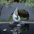 Spiral Shaped Landscape Sculpture in Water Pool with Trees Archway and Reflection