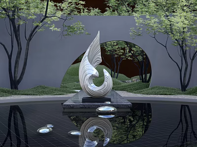 Spiral Shaped Landscape Sculpture in Water Pool with Trees Archway and Reflection 3d model