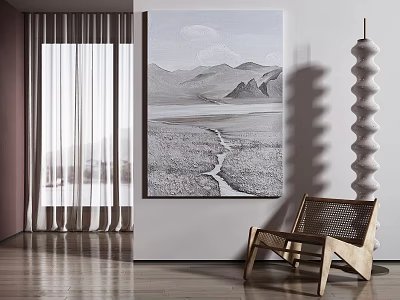 Serene Mountain Lake Path Landscape Painting with Elegant Wooden Chair Curtains and Decorative Column 3d model