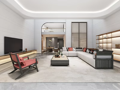 Modern Living Room Interior With Large TV Sofa Red Chair Coffee Table And Display Shelves 3d model