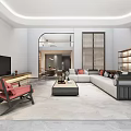Modern Living Room Interior With Large TV Sofa Red Chair Coffee Table And Display Shelves