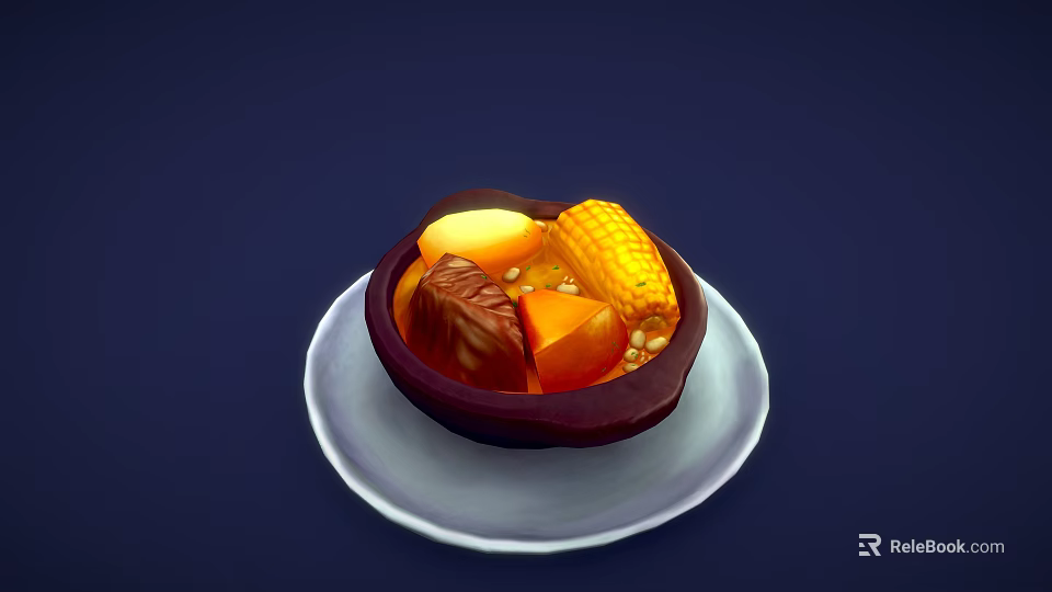 Hearty Stew with Corn Pumpkin and Meat Chunks in Dark Bowl on White Plate 3d model 