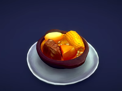Hearty Stew with Corn Pumpkin and Meat Chunks in Dark Bowl on White Plate 3d model