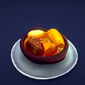 Hearty Stew with Corn Pumpkin and Meat Chunks in Dark Bowl on White Plate