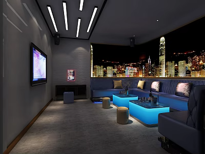 Modern KTV Lounge Interior With City Skyline TV Blue Tables And Comfortable Sofas 3d model