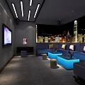 Modern KTV Lounge Interior With City Skyline TV Blue Tables And Comfortable Sofas