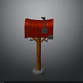 Red Mailbox With Wooden Post Metal Slot And Gray Base Design