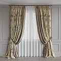 Dark Floral Patterned Curtains With White Sheer Panels Tied Back Ornate Trim And Design Samples