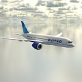 United Airlines Commercial Airplane With White And Blue Livery Flying Through Cloudy Sky