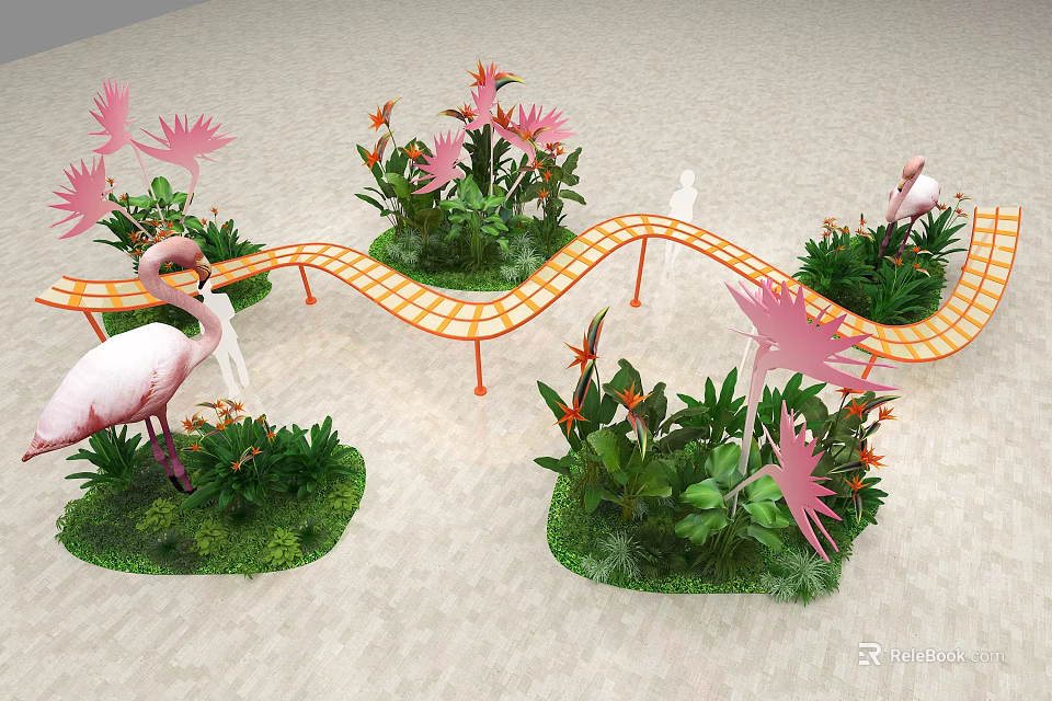 Curved Orange Checkered Art Installation With Green Plants And Pink Flamingos 3d model 