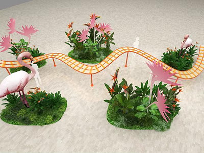 Curved Orange Checkered Art Installation With Green Plants And Pink Flamingos 3d model