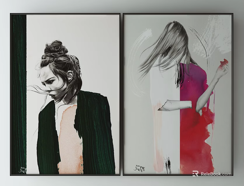 Two Abstract Female Portrait Paintings With Black White Style And Pink Red Gradient Dress 3d model 