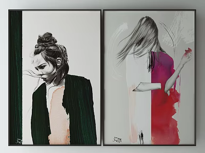 Two Abstract Female Portrait Paintings With Black White Style And Pink Red Gradient Dress 3d model
