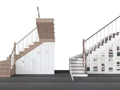 Staircase with wooden steps white railings and storage cabinets with wine racks 3d model