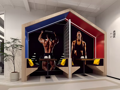 Gym Lounge Interior Design Featuring Hexagonal Structure Fitness Posters Yellow Cushions And Green Plant 3d model