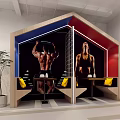 Gym Lounge Interior Design Featuring Hexagonal Structure Fitness Posters Yellow Cushions And Green Plant