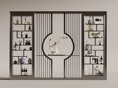 Chinese Style Room Divider With Round Pattern And Decorative Shelves Displaying Ornaments 3d model