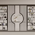 Chinese Style Room Divider With Round Pattern And Decorative Shelves Displaying Ornaments